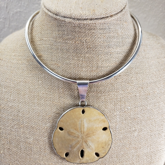 Sterling Silver Choker Necklace with Fossilized Sand Dollar...
